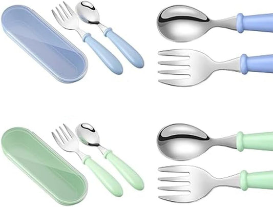 Utensils Stainless Steel Fork and Spoon, Safe Utensils Cutlery Set with Round Handle for Lunchbox