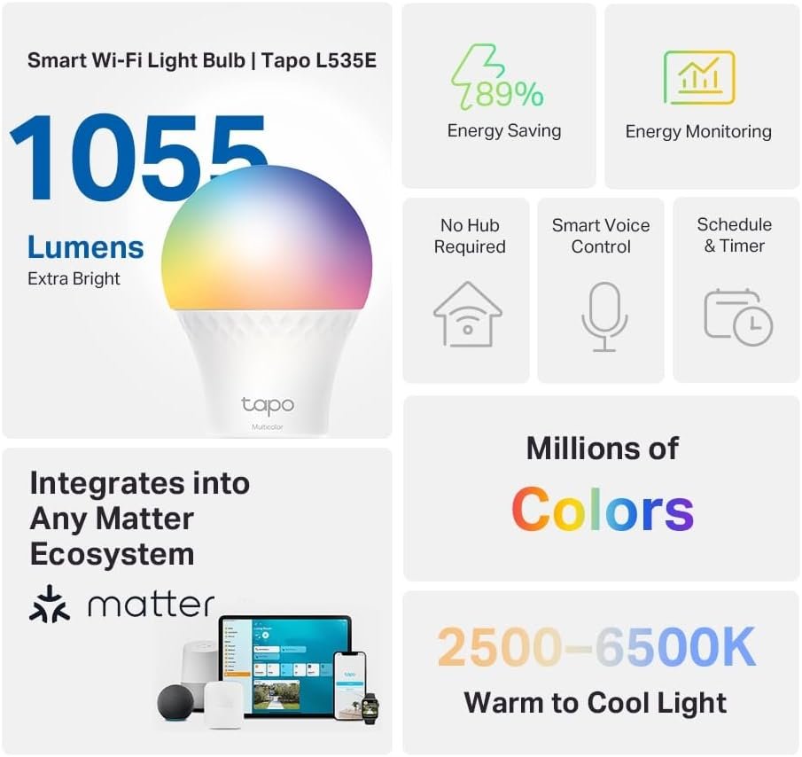 Tapo L535E E27 Smart Bulb, Alexa Light Bulb, Extra Bright WiFi Smart Light Bulb, Matter-Certified, Multicolour, 8.6W (75W), Schedule & Timer, Away Mode, Energy Monitoring, Works with Alexa and Google
