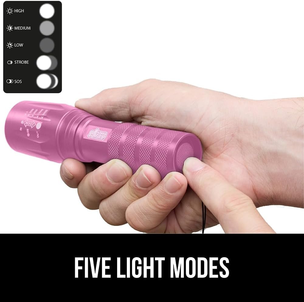 GORILLA GRIP Powerful LED 750 FT Water Resistant 5 Adjustable Mode Tactical Flashlight, High Lumens Ultra Bright Battery Life Zoom Flashlights, Small Camping Car Mini Flash Light Accessories, Pink