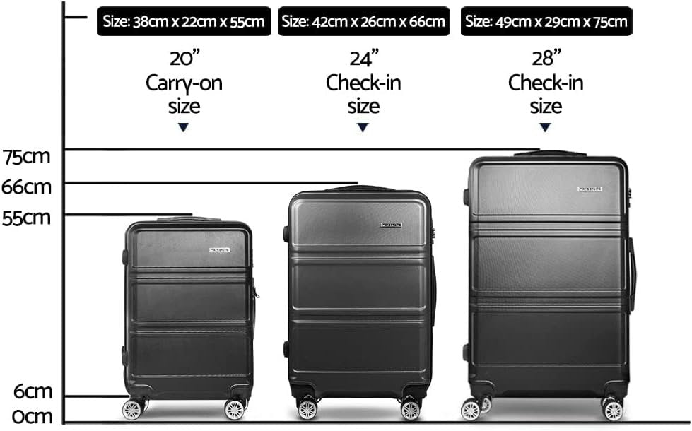 Wanderlite Luggage Set 3pcs Black Suitcase Storage Organizer Hand Luggages Travel Hard Case Hardside, Lightweight Trolley Carry on Bag, TSA Lock 4 Universal Wheels