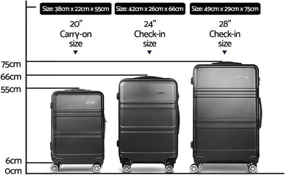Wanderlite Luggage Set 3pcs Black Suitcase Storage Organizer Hand Luggages Travel Hard Case Hardside, Lightweight Trolley Carry on Bag, TSA Lock 4 Universal Wheels