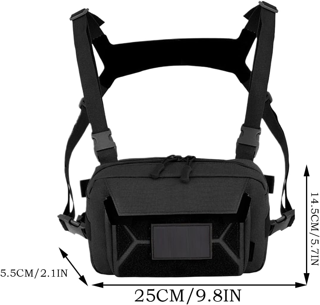 Men's Chest Bag, Outdoor Travel Pack, Waistcoat Pouch, Waterproof & Shockproof, Adjustable & Removable Pockets, Cycling Hiking Fishing Camping, Black Khaki, 1-Pack, Black, Please refer to description