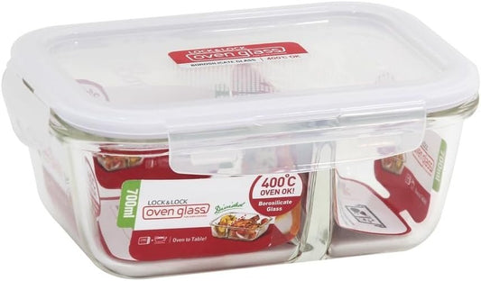 LocknLock Purely Better Glass Food Storage Container with Divider - 950ml Capacity | Clear Borosilicate Glass | 100% Airtight | Leak-Proof | Four-Hinge Locking System | Thermal Shock Resistant