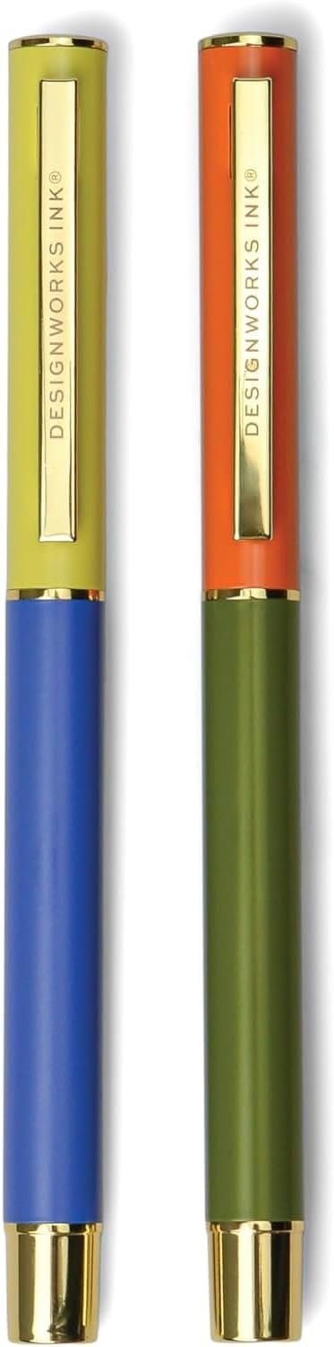 DesignWorks Ink Color Block Pens – Set of 2 Metal Ballpoint Pens with Matte Finish & Gold Accents for Journaling, Smooth Writing & Stationery, 0.7MM Ultra Fine Point – Cobalt Blue & Army Green
