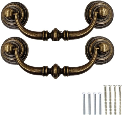 TopHomer Set of 2 Vintage Drawer Handles with Screws and Universal Knobs Set 12.5cm for Bedroom, Bathroom, Kitchen, Wardrobe [Brass]