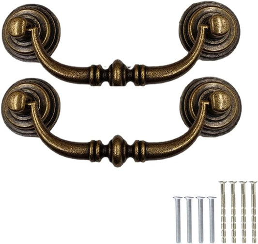 TopHomer Set of 2 Vintage Drawer Handles with Screws and Universal Knobs Set 12.5cm for Bedroom, Bathroom, Kitchen, Wardrobe [Brass]
