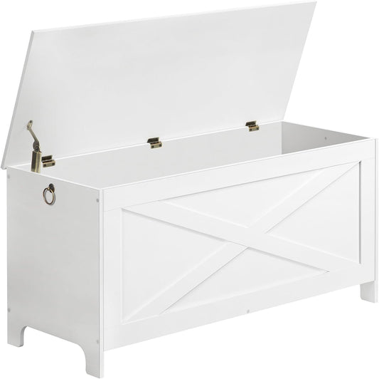 MAHANCRIS 100 CM Toy Chest, Sturdy Entryway Storage Chest with Safety Hinges, Retro Toy Box, Wooden Look Accent Furniture for Living Room, Bedroom, White SCWT48101Z1