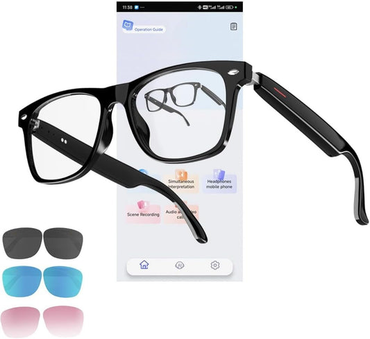 CatXQ AI Smart Glasses for Men & Women - Bluetooth Translation Glasses, Noise Cancelling Audio & Blue Light Filtering & Interchangeable Sunglass Lenses (Black/Blue/Pink) for Office & Outdoor - Black