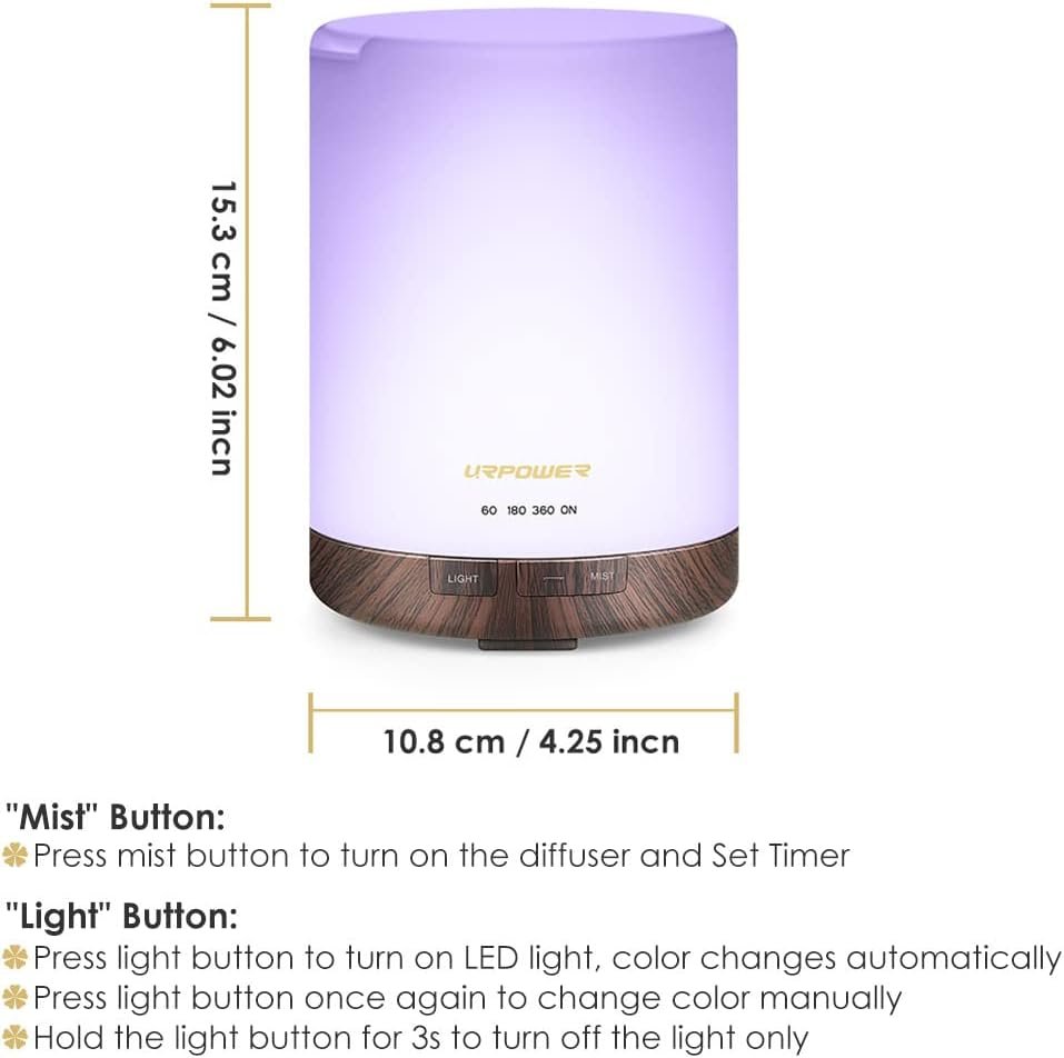 URPOWER 2nd Gen 300ml Aroma Essential Oil Diffuser Night Light Ultrasonic Air Cool Mist Humidifier with AUTO Shut Off and 6-7 Hours Continuous Diffusing and 4 Timer Settings for Home Office Yoga Spa
