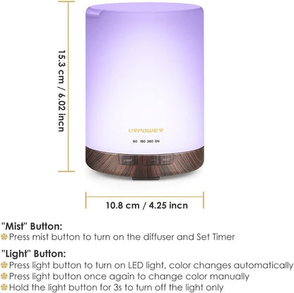 URPOWER 2nd Gen 300ml Aroma Essential Oil Diffuser Night Light Ultrasonic Air Cool Mist Humidifier with AUTO Shut Off and 6-7 Hours Continuous Diffusing and 4 Timer Settings for Home Office Yoga Spa
