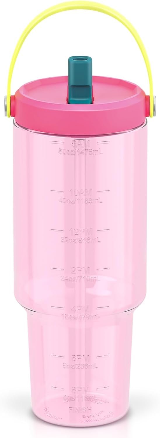 Luxgola 50 oz Tritan Plastic Tumbler with Flip Straw Lid and Top Handle, Reusable Clear Water Bottle with Time Marker, 100% Leak Proof, Fits in Car Cup Holder, BPA-Free Iced Coffee Cup - Rose Red