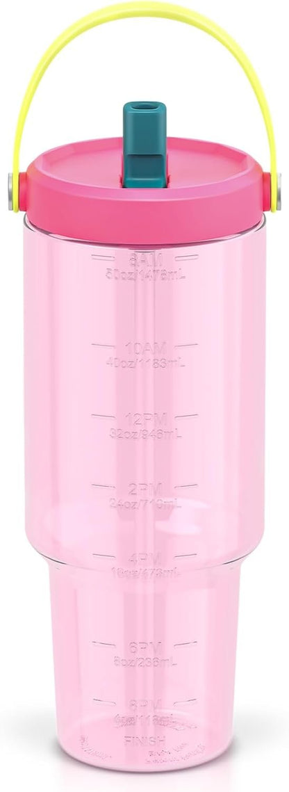 Luxgola 50 oz Tritan Plastic Tumbler with Flip Straw Lid and Top Handle, Reusable Clear Water Bottle with Time Marker, 100% Leak Proof, Fits in Car Cup Holder, BPA-Free Iced Coffee Cup - Rose Red