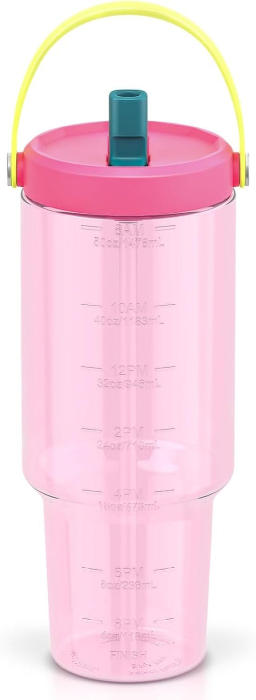 Luxgola 50 oz Tritan Plastic Tumbler with Flip Straw Lid and Top Handle, Reusable Clear Water Bottle with Time Marker, 100% Leak Proof, Fits in Car Cup Holder, BPA-Free Iced Coffee Cup - Rose Red
