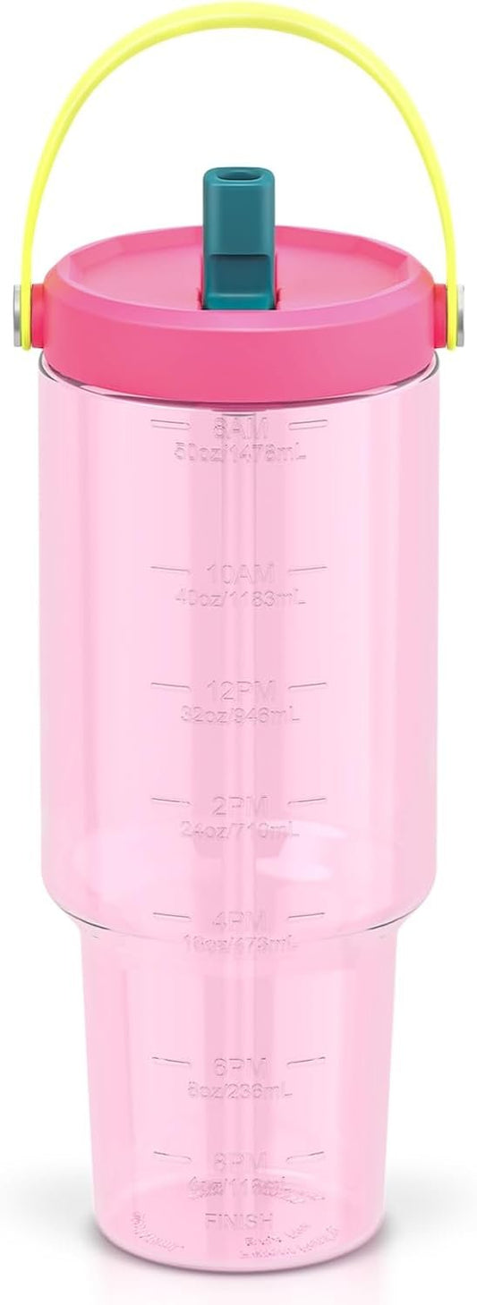 Luxgola 50 oz Tritan Plastic Tumbler with Flip Straw Lid and Top Handle, Reusable Clear Water Bottle with Time Marker, 100% Leak Proof, Fits in Car Cup Holder, BPA-Free Iced Coffee Cup - Rose Red