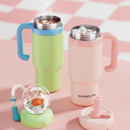 Whale Fountain Tumbler, Comobebe 24oz Stainless Steel Whale Fountain Tumbler with Handle, Drinking Cup with Whale Squirt, Spill-Proof, Leak-Proof Screw-On Lid (Sticker type-peach)