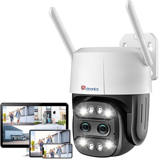 ctronics Dual Lens Security Camera Outdoor with 6X Hybrid Zoom, 360Â° CCTV Camera, 1080P PTZ IP Home Security WiFi Camera, Human Detection, Auto Tracking, Color Night Vision, Siren, 2-Way Audio, IP66