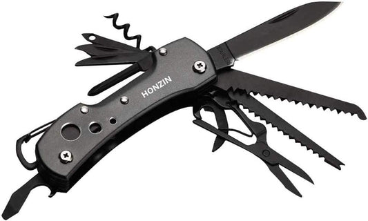 HONZIN Multitool Knife Camping 15 in 1 Multi Purpose Pocket Tool Antirust Black Oxide Swiss Style Pocket Knife for Survival Fishing Car Travel