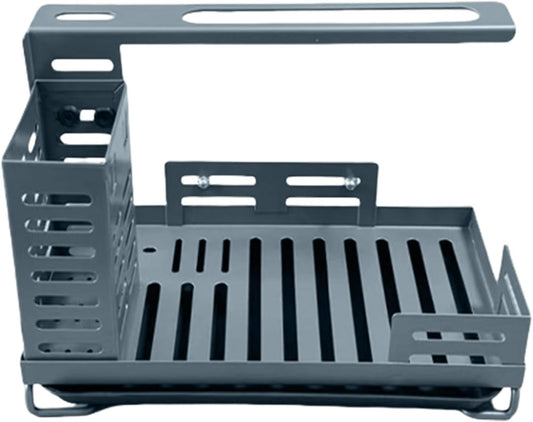 Sink Dish Rack, Carbon Steel Drying Shelf, Adjustable Height Organizer, 9.72x5.91x5.71 Inches Drain Tray Base, Black Finish, for Sponge, Soap, Brush, Kitchen Cleaning Accessories