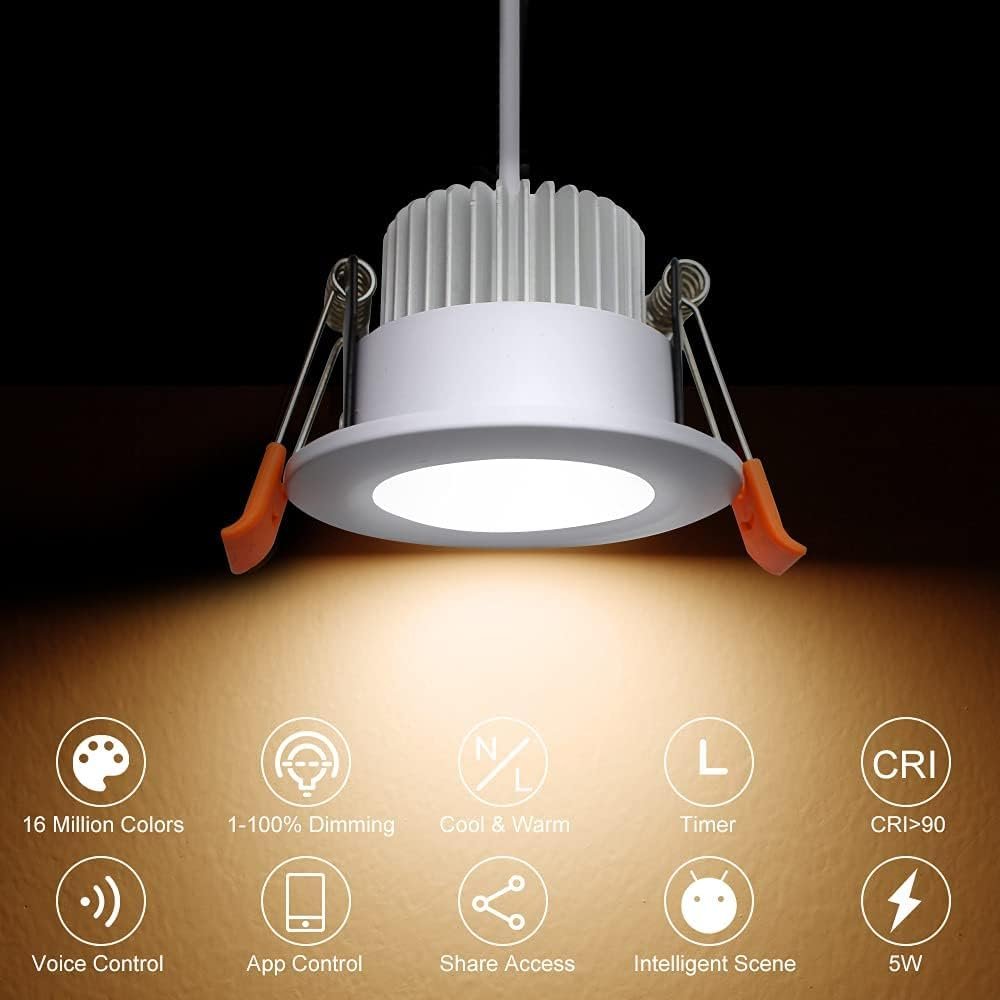 YGS-Tech Smart 2 Inch LED Recessed Lighting RGB WiFi Downlight, 5W Compatible with Alexa and Google Home, Dimmable RGB & CCT 2700-6500K Color Changing, 120V LED Ceiling Light with Driver (1 Pack)