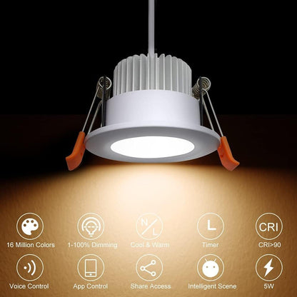 YGS-Tech Smart 2 Inch LED Recessed Lighting RGB WiFi Downlight, 5W Compatible with Alexa and Google Home, Dimmable RGB & CCT 2700-6500K Color Changing, 120V LED Ceiling Light with Driver (1 Pack)