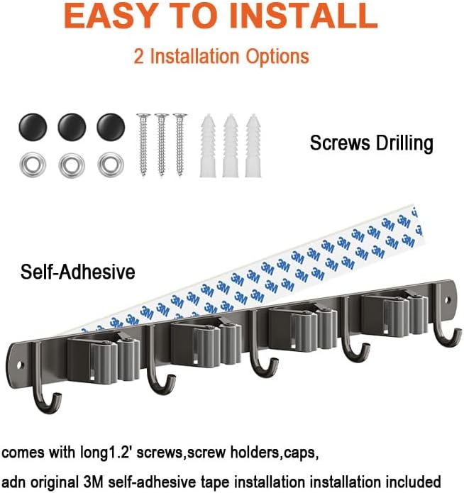 Broom Holder Wall Mount Mop Hanger Garden Tool Storage Rack - Laundry Room Organization Handle Stainless Steel Wall Mounted Garage Storage Hooks - Practical With Screws and 3M Adhesive