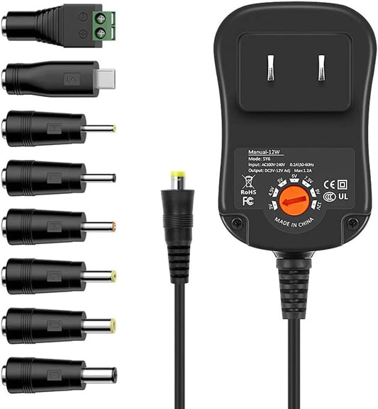 12W Universal Power Adapter, 3V 4.5V 5V 6V 7.5V 9V 12V Adjustable Voltage Universal AC/DC Adapter Power Supply, Multifunctional AC to DC Adapter for Household Electronics