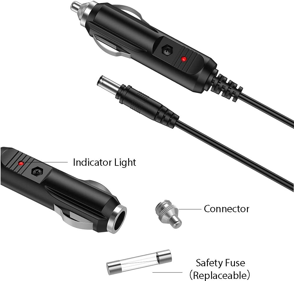 LIANSUM DC 12V 2A Car Charger Universal Power Cord 5.5x2.1mm to Cigarette Lighter with 8 Connector for DVD Player, GPS, Bluetooth Speakers, Breast Pump, label maker, Camera, router, CD Player 5FTCable
