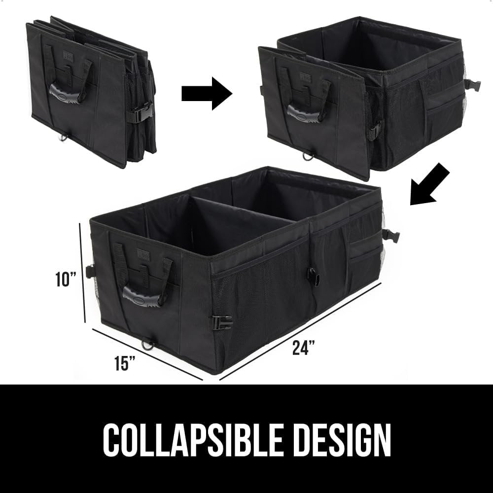 GORILLA GRIP Large Capacity Sturdy Trunk Storage Organizer, Slip and Water Resistant Collapsible Organization Container for Car Sedan or SUV, Multi Compartment Container Box Vehicle Accessories, Black