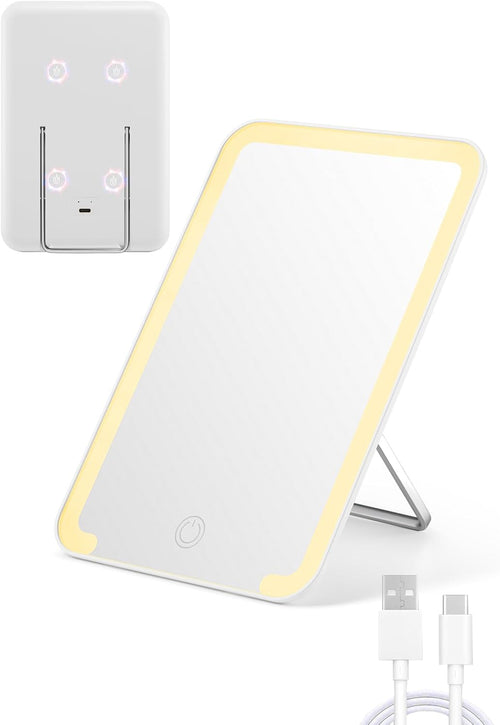 Qislee Magnetic Locker Mirror, Desk Makeup Mirror with Light and Foldable Stand, 3 Color Modes Touch Dimming, Perfect Travel Accessory, White