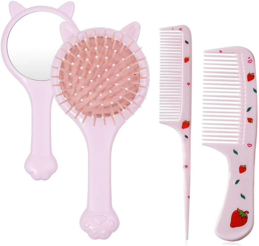 Bmeigo 3pcs Girls Hair Brush & Comb Set - Detangling Brush with Mirror & Wide Tooth Combs for Kids Curly Straight Long Hair, Pink Cat/Strawberry