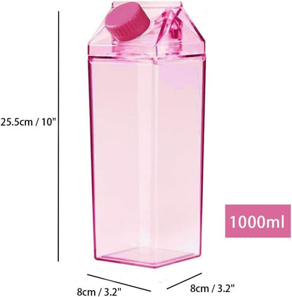 1000ml/34oz Cute Leakproof Clear Milk Carton Water Bottle Portable Drinkware for Outdoor Climbing Tour or Camping
