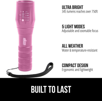 GORILLA GRIP Powerful LED 750 FT Water Resistant 5 Adjustable Mode Tactical Flashlight, High Lumens Ultra Bright Battery Life Zoom Flashlights, Small Camping Car Mini Flash Light Accessories, Pink