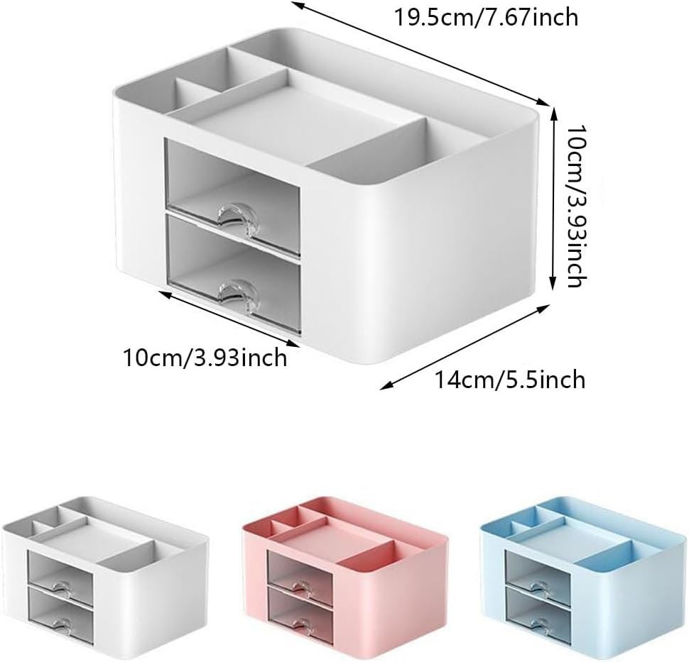 Desk Organizer Office with Drawer Pen Holder for Storage Box Accessories Organizers and Home School Multifunctional with 4 Compartments 2 Drawers Cute Plastic for Makeup Desktop Storage Organization