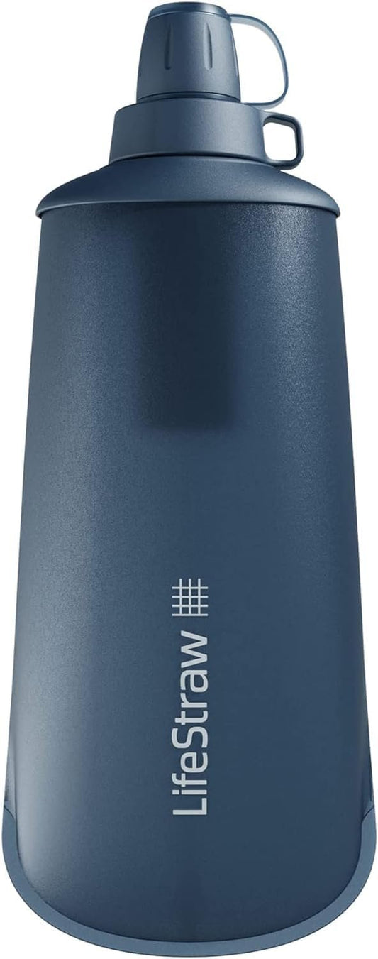 LifeStraw Peak Series - Collapsible Squeeze Bottle Water Filter System - 1L for Trail Running, Camping, Hiking, Travel, Cycling, and Fishing; Mountain Blue