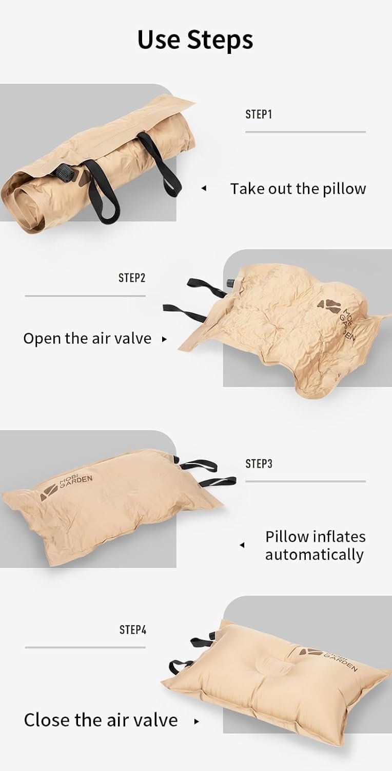 MOBI GARDEN Camping Inflatable Pillow, Automatic Ultralight Sponge, Comfortable Outdoor Travel Sleeping Pillow (Beige)