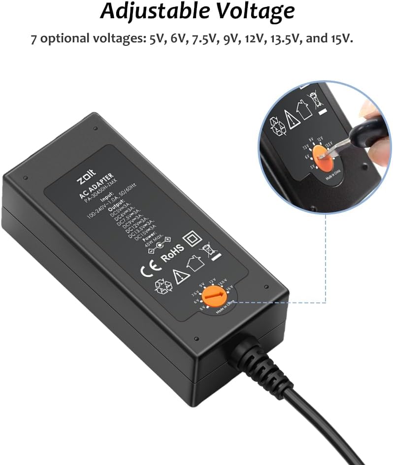 Zolt Universal AC to DC Power Adapter 5V 6V 7.5V 9V 12V 13.5V 15V 3A Slotted Power Transformer for Electronics 3000mA