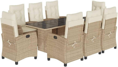 vidaXL 9-Piece Poly Rattan Garden Dining Set - Beige/Cream - Adjustable Recliners - Outdoor Patio/Deck/Backyard - Cushions & Tempered Glass Tabletop