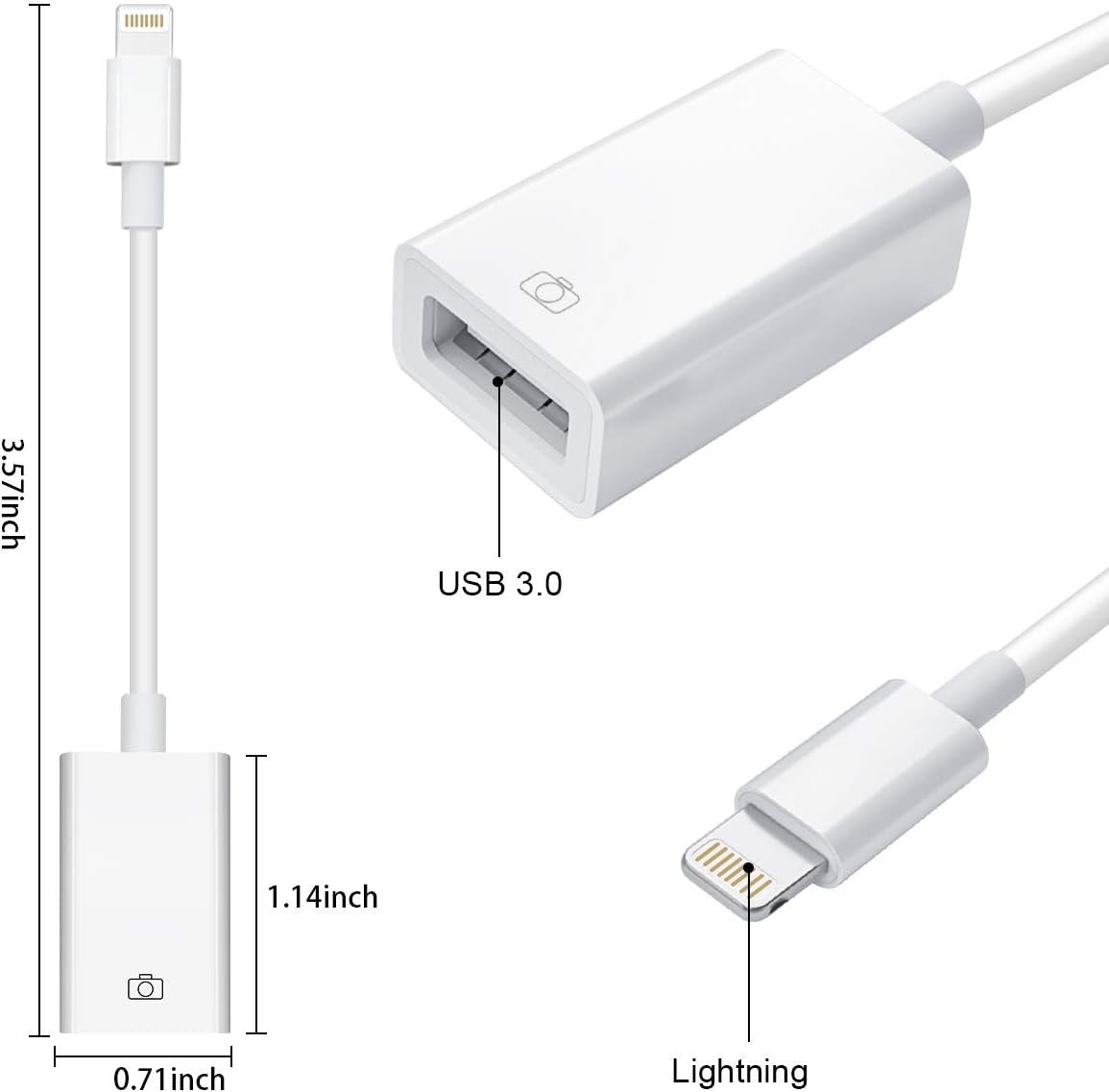 WORLDBOYU Lightning to USB Camera Adapter Female USB OTG Cable Adapter for Select iPhone,iPad Models Support Connect Camera, Card Reader, USB Flash Drive, MIDI Keyboard, White (White)
