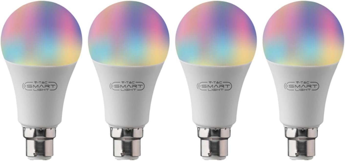 4 Pack V-TAC LED RGB Smart WiFi Bulb B22- A60, 10W, Dimmable, No Hub/Bridge Required, Work with Google Assistant & Amazon Alexa || Smart Lighting