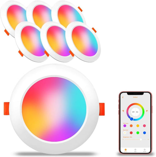 Smart Recessed Lighting 6 Inch RGBCW Color Changing 16W LED Downlight with Junction Box,1350 Lumen Recessed Ceiling Light Compatible with Alexa,Dimmable by Bluetooth Control -6 Pack