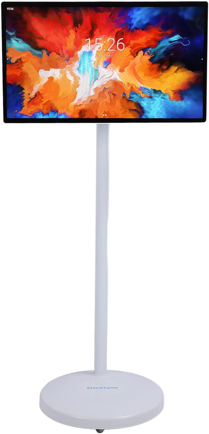 24 Inch Smart Screen Portable TV with Pole Stand & Built in 5MP Camera, 6+128G Movable Touch Display Screen for Live Streaming, Home Entertainment (US Plug 100 to 240V)