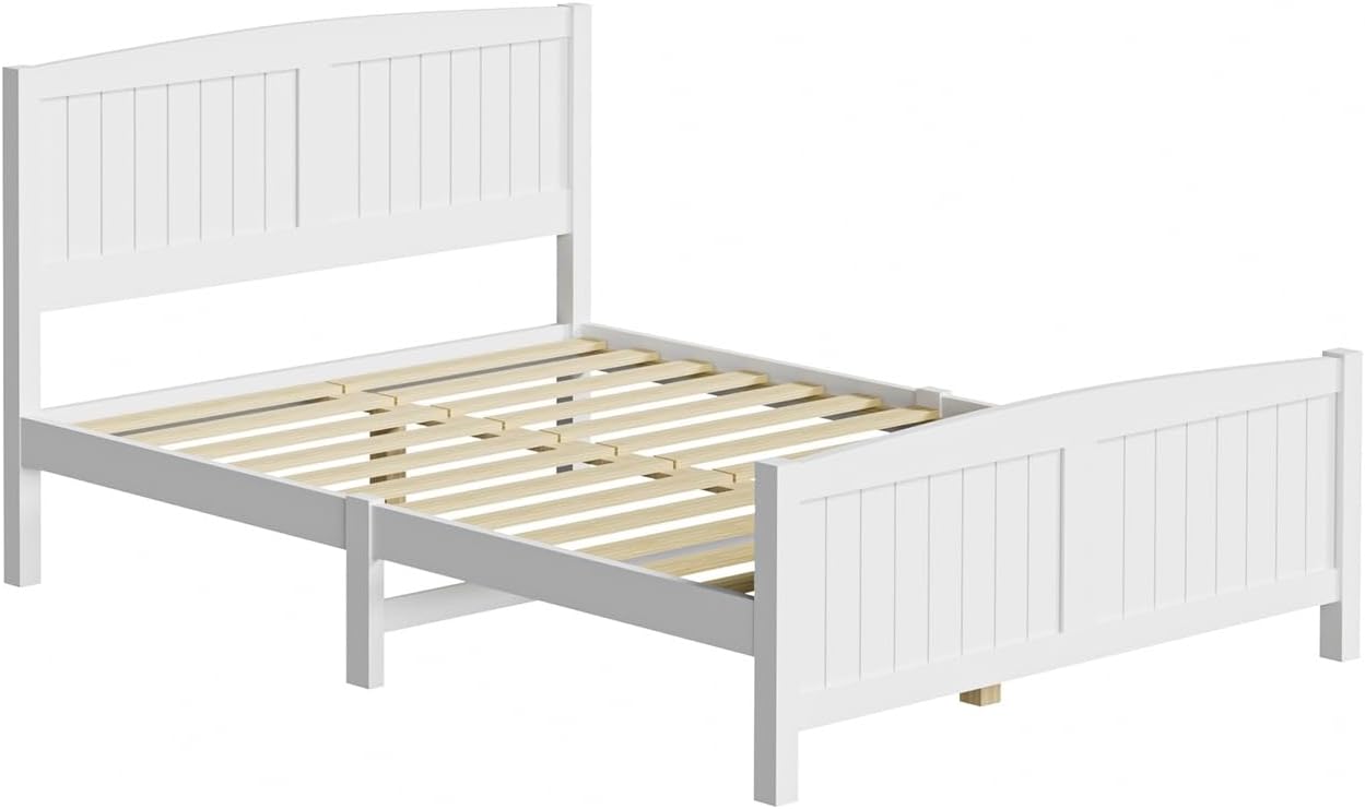 Oikiture Double Bed Frame with Headboards and Footboards Pine Wood Bed Frame Platform Bed, White