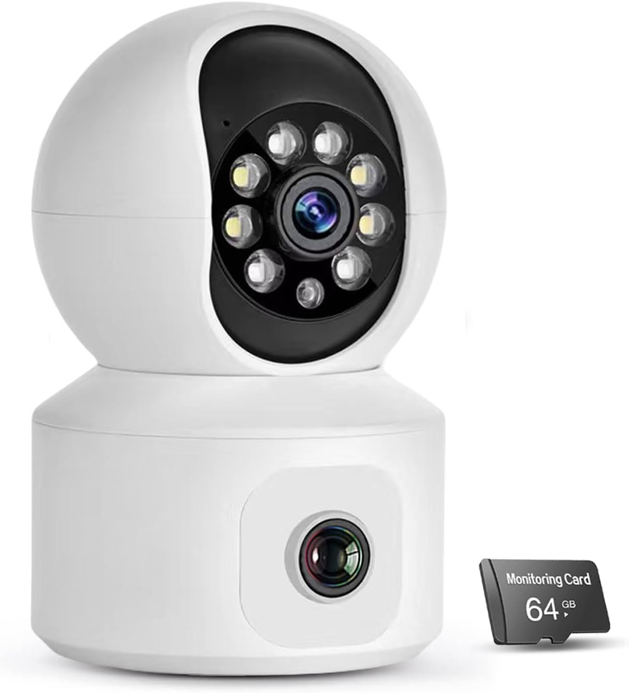 XIULIUU Security Camera Indoor, Dual-Lens Pet Camera with 64GB SD Card, 2.4GHz WiFi, 1080p HD & Full-Color Night Vision, 360Â° Pan-Tilt Coverage, Motion Tracking, 2-Way Audio Home Camera