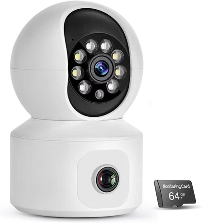 XIULIUU Security Camera Indoor, Dual-Lens Pet Camera with 64GB SD Card, 2.4GHz WiFi, 1080p HD & Full-Color Night Vision, 360Â° Pan-Tilt Coverage, Motion Tracking, 2-Way Audio Home Camera