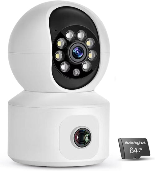 XIULIUU Security Camera Indoor, Dual-Lens Pet Camera with 64GB SD Card, 2.4GHz WiFi, 1080p HD & Full-Color Night Vision, 360Â° Pan-Tilt Coverage, Motion Tracking, 2-Way Audio Home Camera