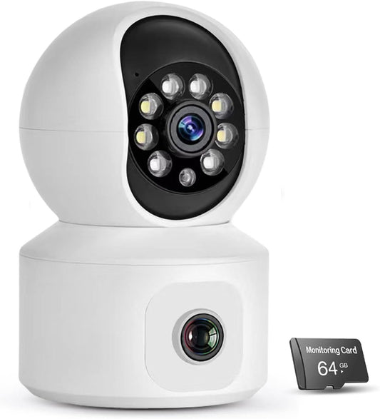 XIULIUU Security Camera Indoor, Dual-Lens Pet Camera with 64GB SD Card, 2.4GHz WiFi, 1080p HD & Full-Color Night Vision, 360Â° Pan-Tilt Coverage, Motion Tracking, 2-Way Audio Home Camera