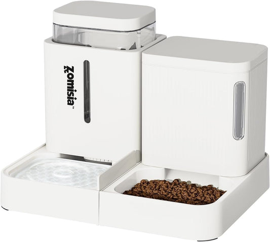 ZOMISIA Gravity Cat Feeder and Water Dispenser, 2 in 1 Automatic Cat Feeder with 180 Degree Rotatable, 2 Pack Large Capacity Self Feeding for Small Medium Dog Puppy Kitten, White, 0.8 Gallon x 2