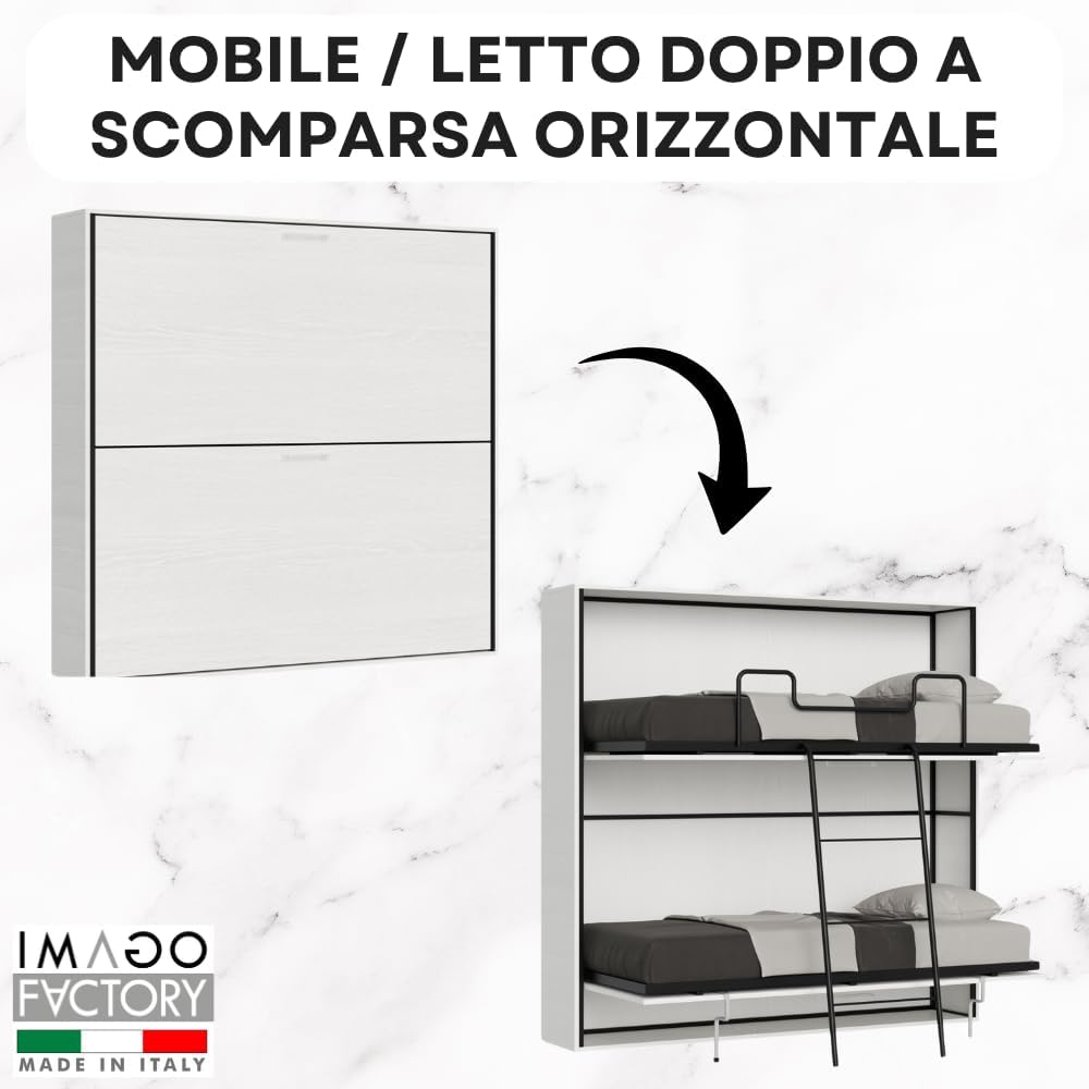 IMAGO FACTORY Kendo Double – Folding Single Bed with 2 Concealed Beds (L.200 P.106 H.191) Horizontal Fold-Out Bed 100% Made in Italy (Mattresses Not Included, Ash White)