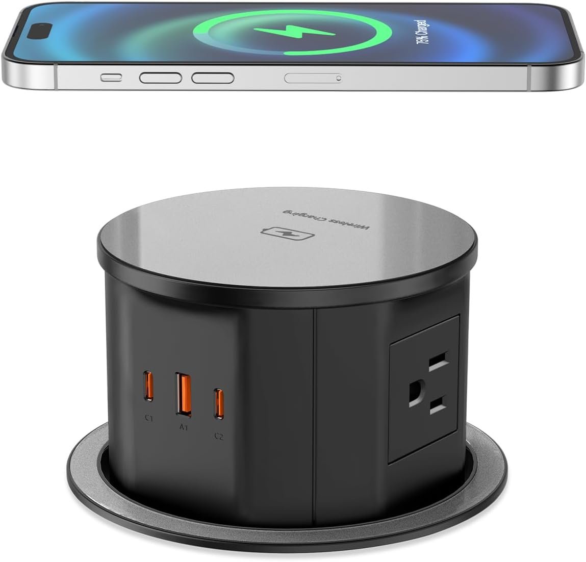 4.75 inch Pop Up Countertop Outlet with 15W Wireless Charger, PD 65W USB-C Ports & 4 AC Outlets, 800J Surge Protection, Desk Power Grommet Pop Up Electrical Outlet, 6Ft Cord for Home Office (Black)