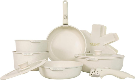 YASHE 13-Piece Pots and Pans Set, Nonstick Granite Cookware Set, Detachable Handle Pots and Pans, PFAS and PFOA-Free, Easy Clean Kitchen Cookware Set, Eco-Friendly, Perfect for RV and Kitchen use
